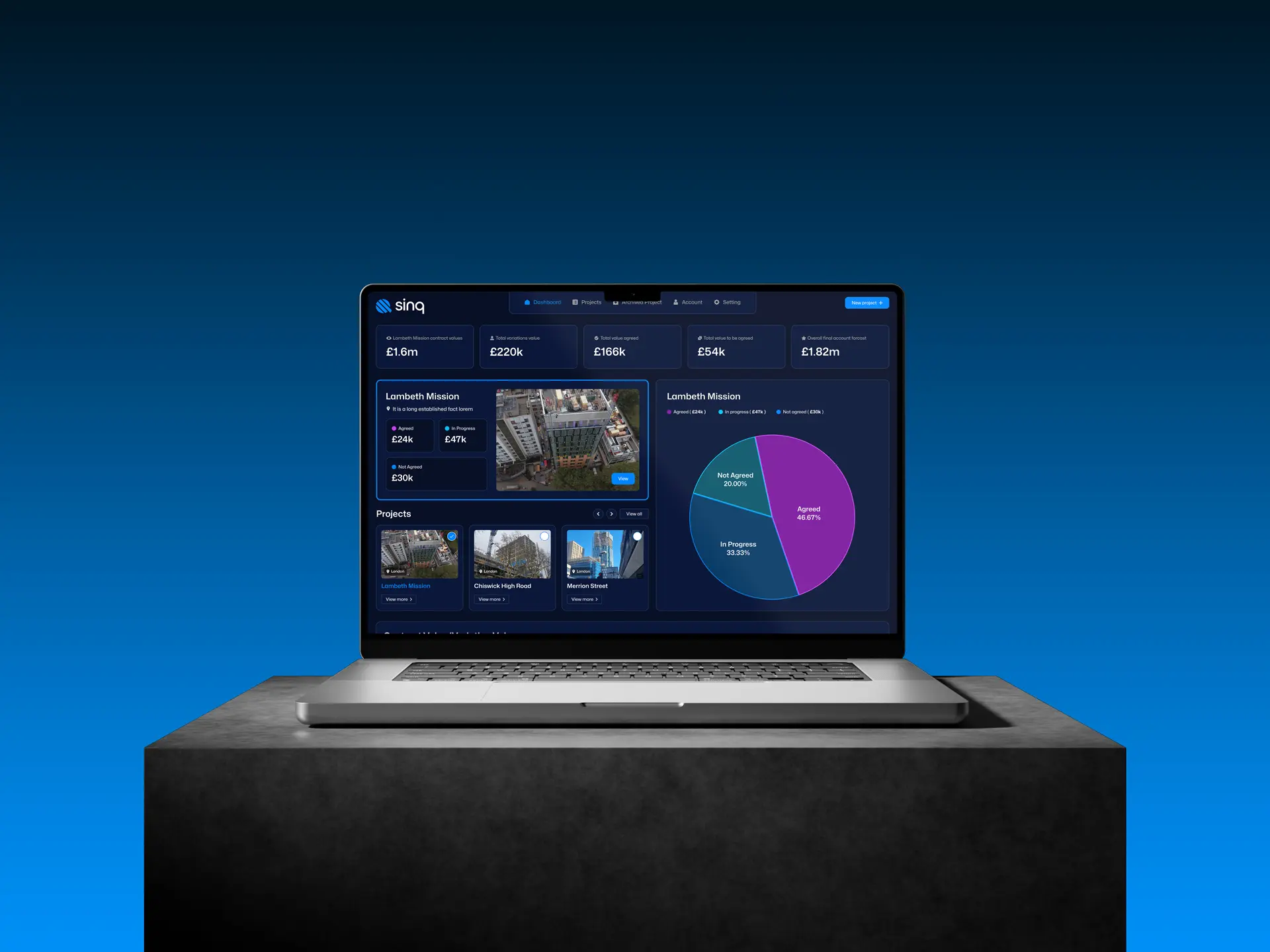 Sinq platform dashboard with real-time construction cost tracking and project controls