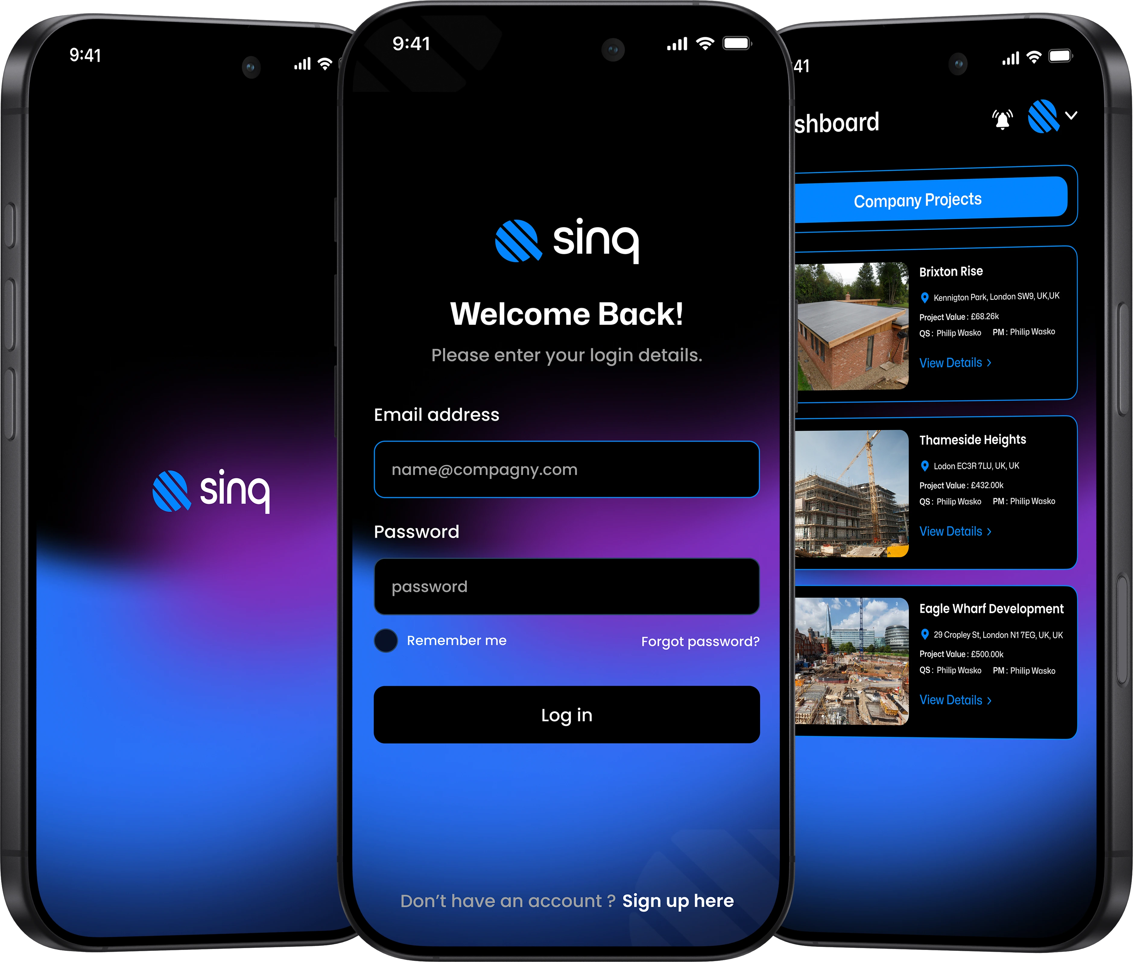 The Sinq mobile app showing a property project dashboard and variation request form, built by Foundry 5.