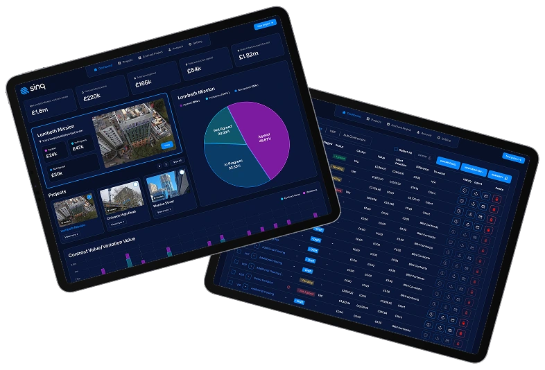 Sinq cost control dashboard and variations register, built by Foundry 5.