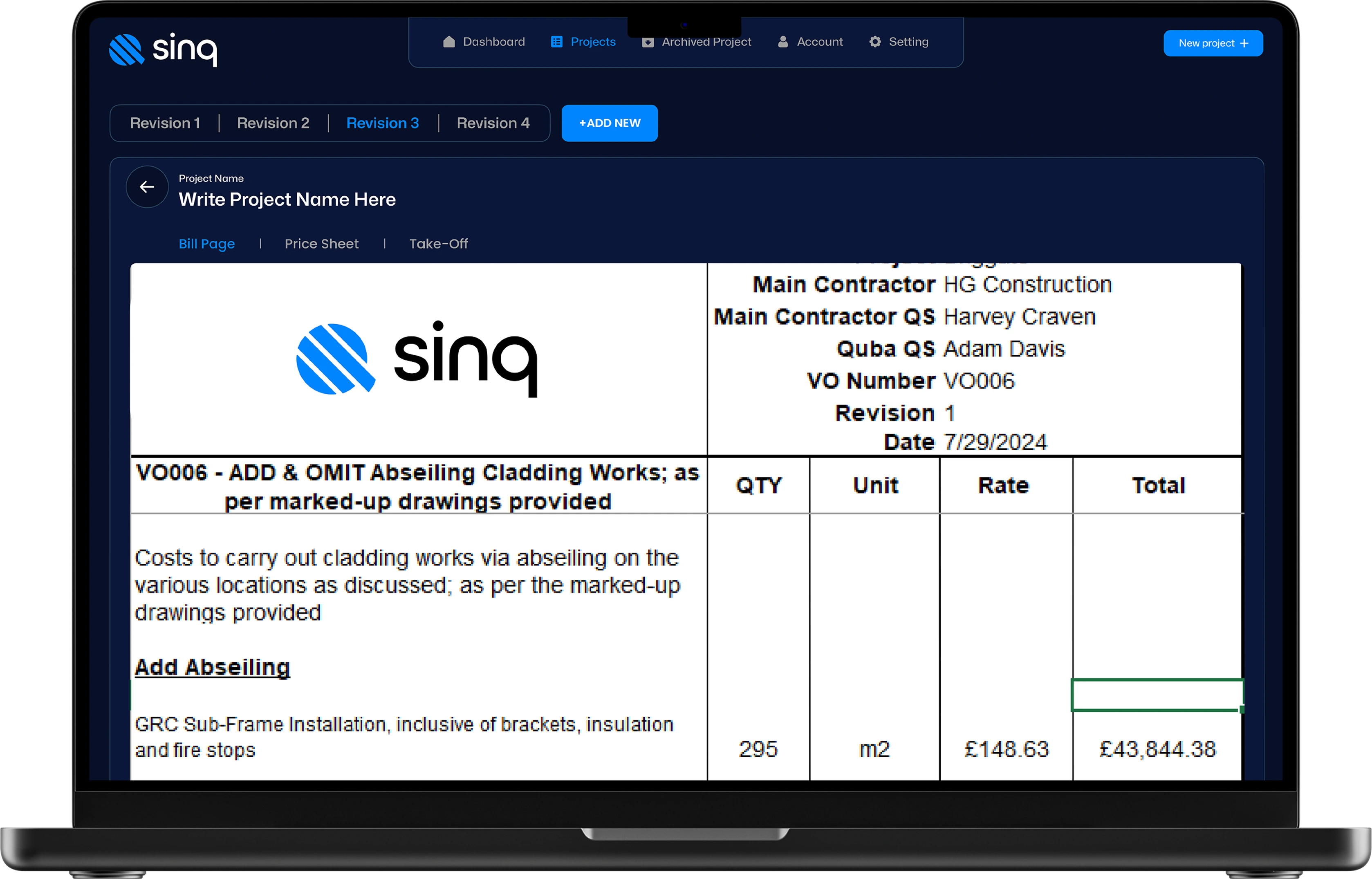 The Sinq bill page showing a variation order and cost breakdown, built by Foundry 5.